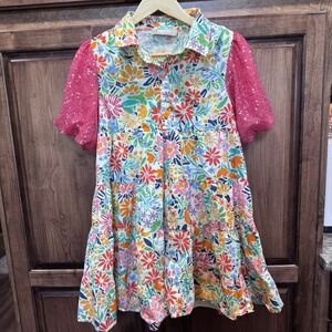 Blue B. Collection Floral Babydoll Dress Size S Colorful Puff Sleeve Sequin